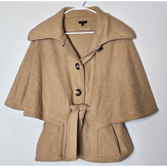 Talbots Belted Cape Pea Coat Womens S/M Tan Wool Blend Big Button Front Shawl - Picture 1 of 6